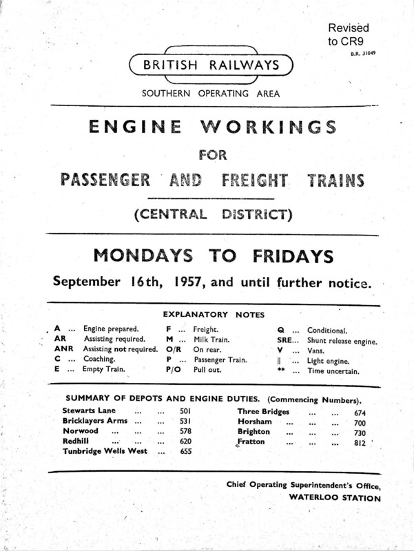 Southern Engine Workings, Central Division, Mondays to Fridays starting 16 September 1957. 145 pages. Notes: Revised to CR9. [EW02195709160]