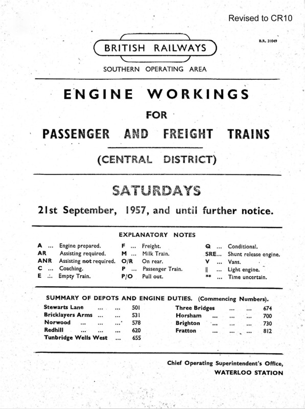 Southern Engine Workings, Central Division, Saturdays starting 21 September 1957. 93 pages. Notes: Revised to CR10. [EW02195709210]