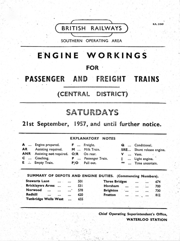 Southern Engine Workings, Central Division, Saturdays starting 21 September 1957. 88 pages. [EW02195709211]