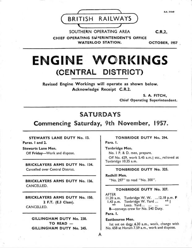 Southern Engine Workings, Central Division, Saturdays starting 09 November 1957. 37 pages. Notes: CR2 Revisions. [EW02195711090]