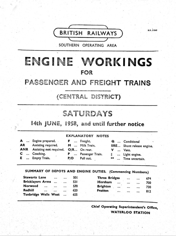 Southern Engine Workings, Central Division, Saturdays starting 14 June 1958. 116 pages. [EW02195806140]