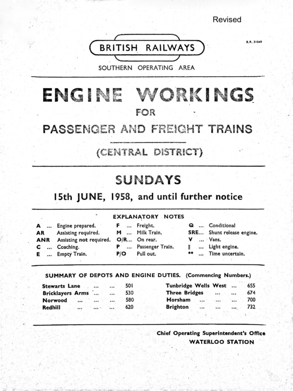 Southern Engine Workings, Central Division, Sundays starting 15 June 1958. 49 pages. Notes: Revised. [EW02195806150]
