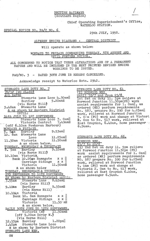 Southern Engine Workings, Central Division, Mondays to Fridays starting 05 August 1958. 19 pages. Notes: PAC6 Revisions. [EW02195808050]
