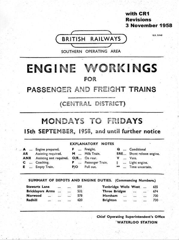Southern Engine Workings, Central Division, Mondays to Fridays starting 15 September 1958. 196 pages. Notes: With CR1 Revisions. [EW02195809151]