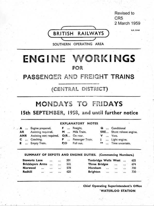 Southern Engine Workings, Central Division, Mondays to Fridays starting 15 September 1958. 165 pages. Notes: Revised to CR5. [EW02195809152]