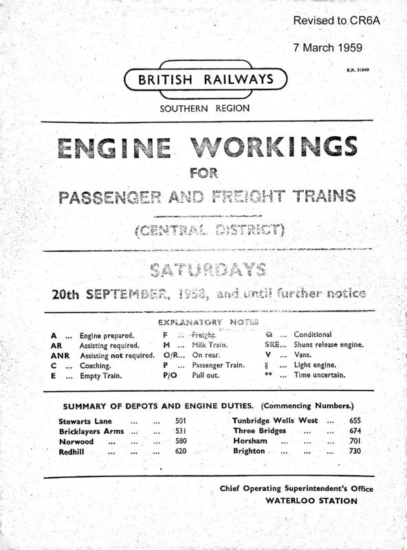 Southern Engine Workings, Central Division, Saturdays starting 20 September 1958. 111 pages. Notes: Revised to CR6A. [EW02195809200]