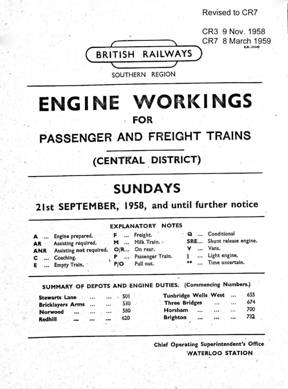 Southern Engine Workings, Central Division, Sundays starting 21 September 1958. 43 pages. Notes: Revised to CR7. [EW02195809210]