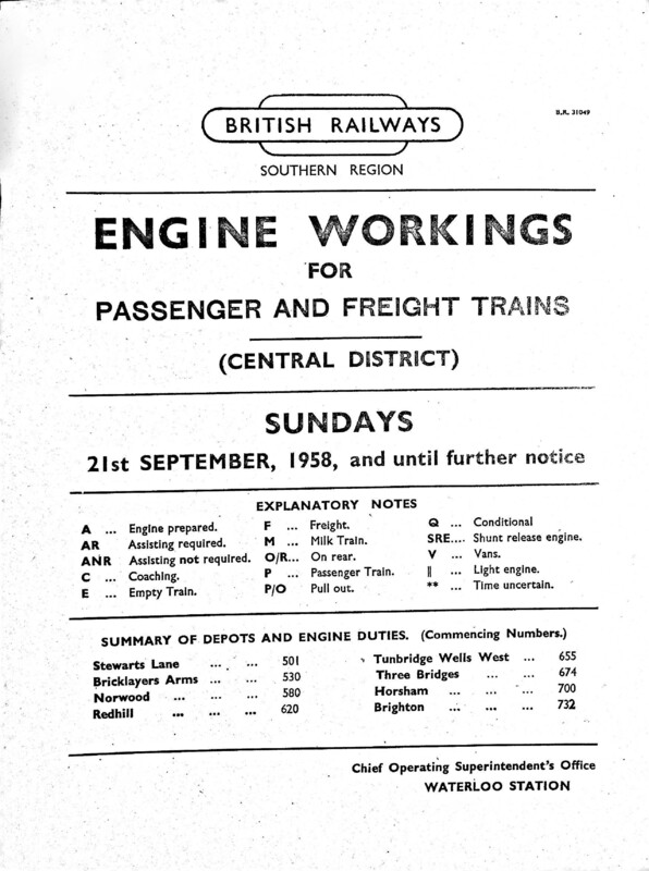 Southern Engine Workings, Central Division, Sundays starting 21 September 1958. 39 pages. [EW02195809211]
