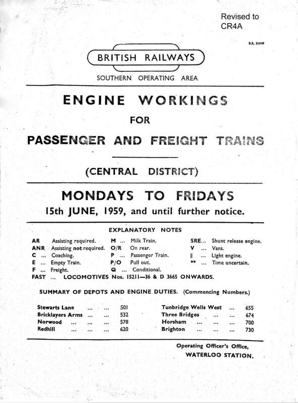 Southern Engine Workings, Central Division, Mondays to Fridays starting 15 June 1959. 177 pages. Notes: Revised to CR4A. [EW02195906151]