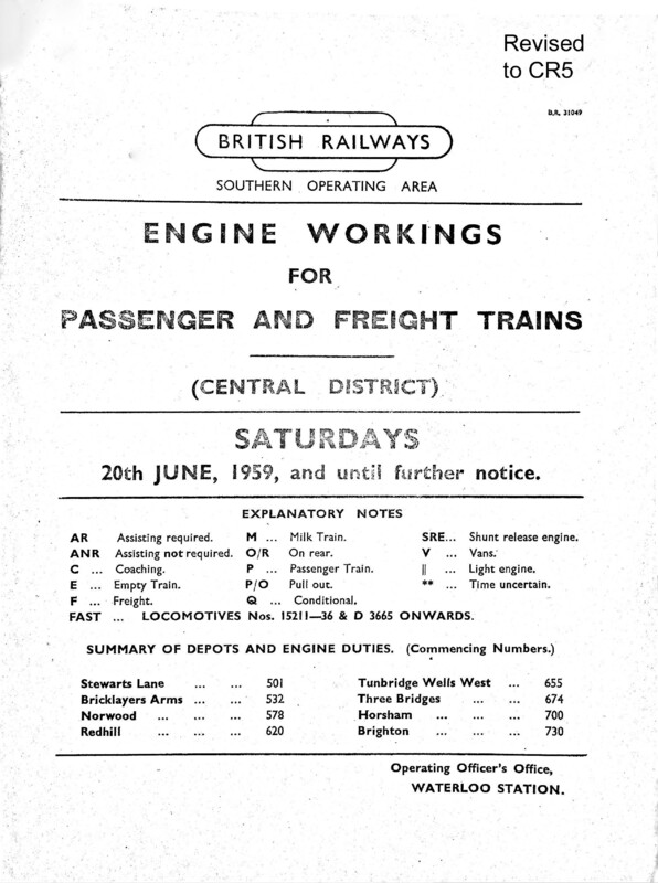 Southern Engine Workings, Central Division, Saturdays starting 20 June 1959. 125 pages. Notes: Revised to CR5. [EW02195906200]