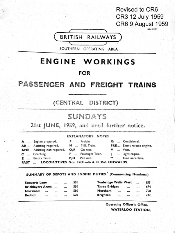 Southern Engine Workings, Central Division, Sundays starting 21 June 1959. 54 pages. Notes: Revised to CR6. [EW02195906210]