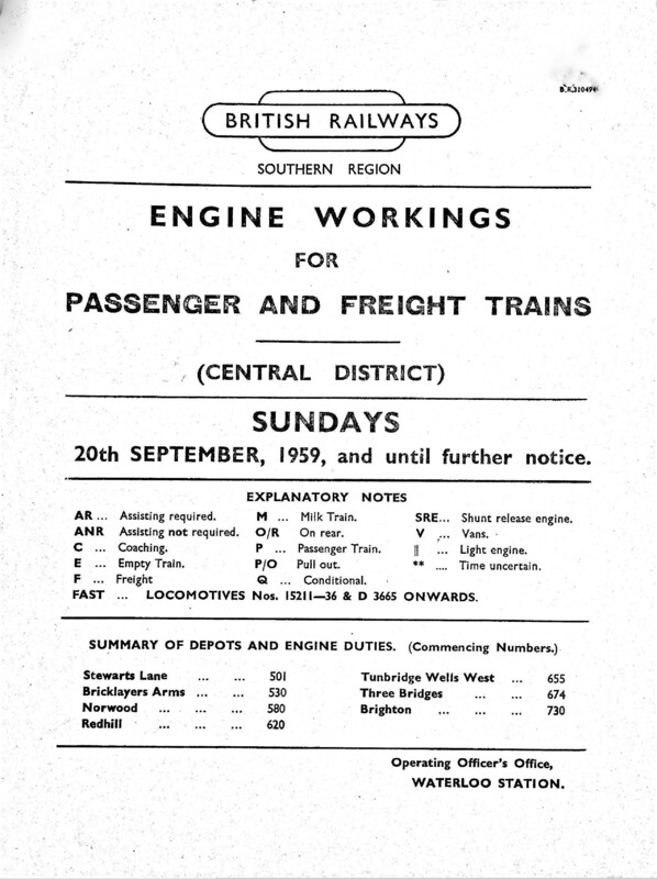Southern Engine Workings, Central Division, Sundays starting 20 September 1959. 41 pages. [EW02195909200]