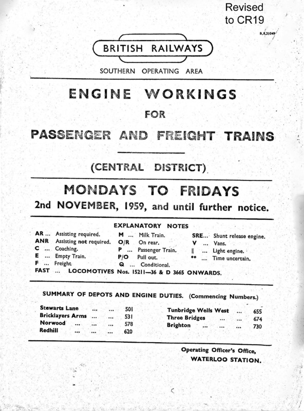 Southern Engine Workings, Central Division, Mondays to Fridays starting 02 November 1959. 163 pages. Notes: Revised to CR19. [EW02195911020]