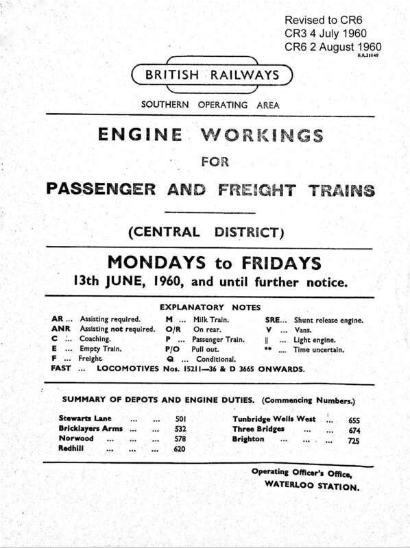 Southern Engine Workings, Central Division, Mondays to Fridays starting 13 June 1960. 156 pages. Notes: Revised to CR6 2nd copy. [EW02196006130]