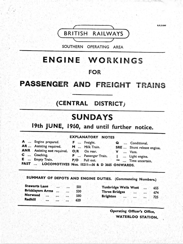 Southern Engine Workings, Central Division, Sundays starting 19 June 1960. 45 pages. [EW02196006190]