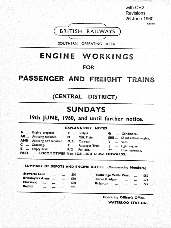Southern Engine Workings, Central Division, Sundays starting 19 June 1960. 66 pages. Notes: With CR2 Revisions. [EW02196006191]