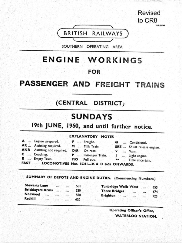 Southern Engine Workings, Central Division, Sundays starting 19 June 1960. 51 pages. Notes: Revised to CR8. [EW02196006192]