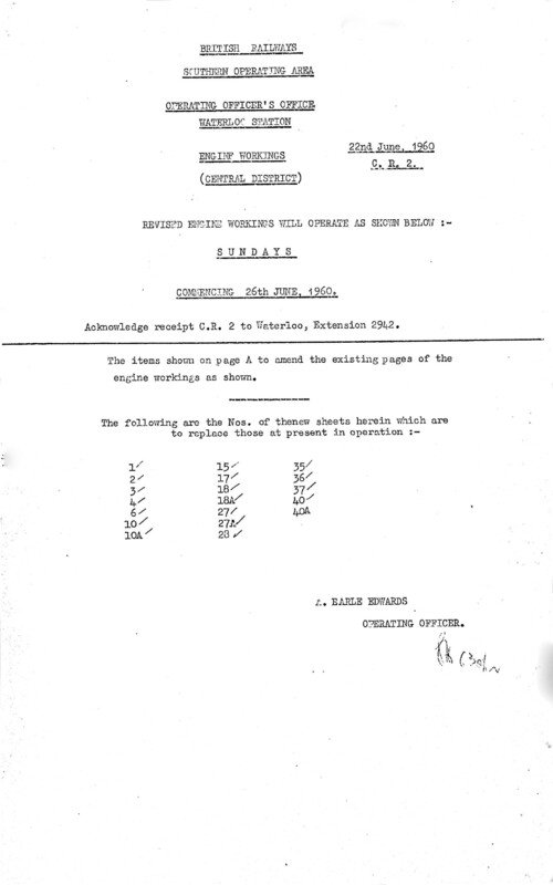 Southern Engine Workings, Central Division, Sundays starting 26 June 1960. 21 pages. Notes: CR2 Revisions. [EW02196006260]