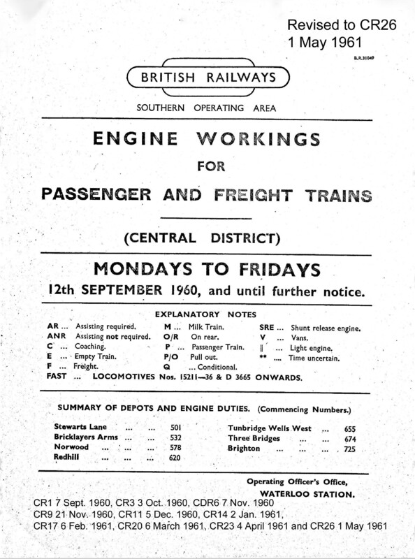 Southern Engine Workings, Central Division, Mondays to Fridays starting 12 September 1960. 172 pages. Notes: Revised to CR26. [EW02196009121]