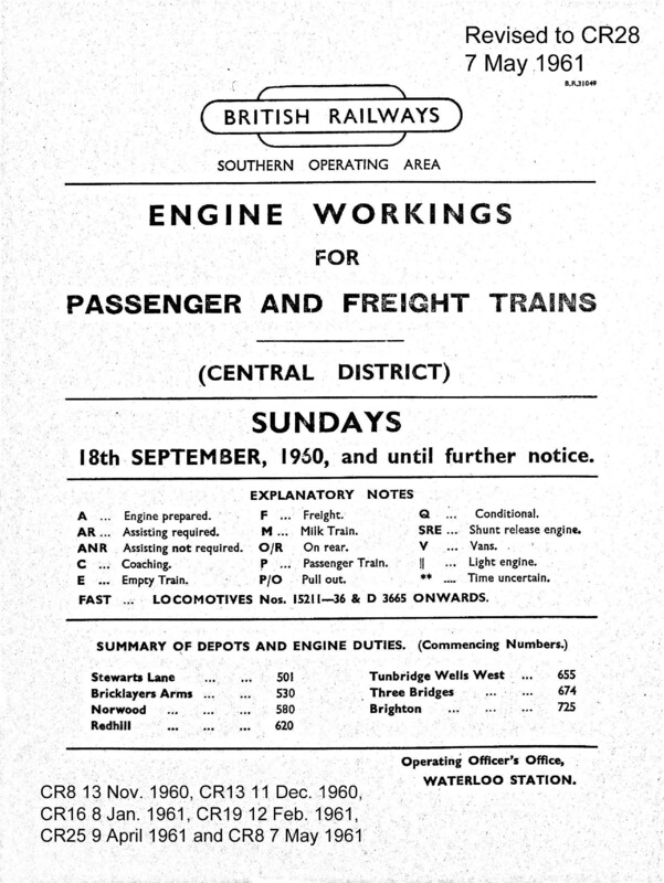 Southern Engine Workings, Central Division, Sundays starting 18 September 1960. 48 pages. Notes: Revised to CR28. [EW02196009180]