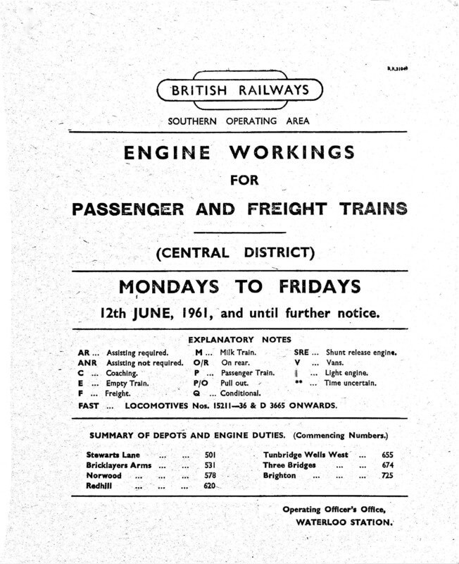 Southern Engine Workings, Central Division, Mondays to Fridays starting 12 June 1961. 134 pages. [EW02196106120]