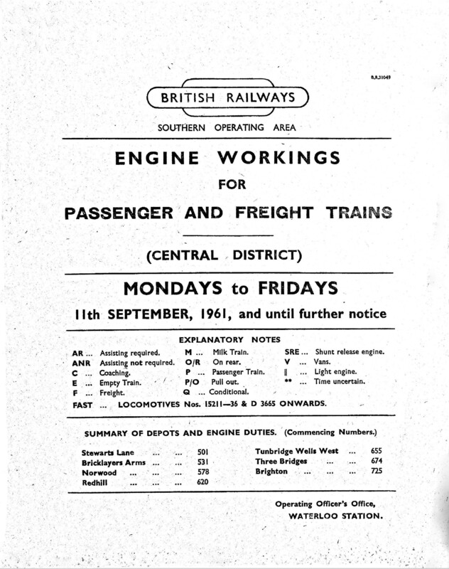 Southern Engine Workings, Central Division, Mondays to Fridays starting 11 September 1961. 138 pages. [EW02196109110]