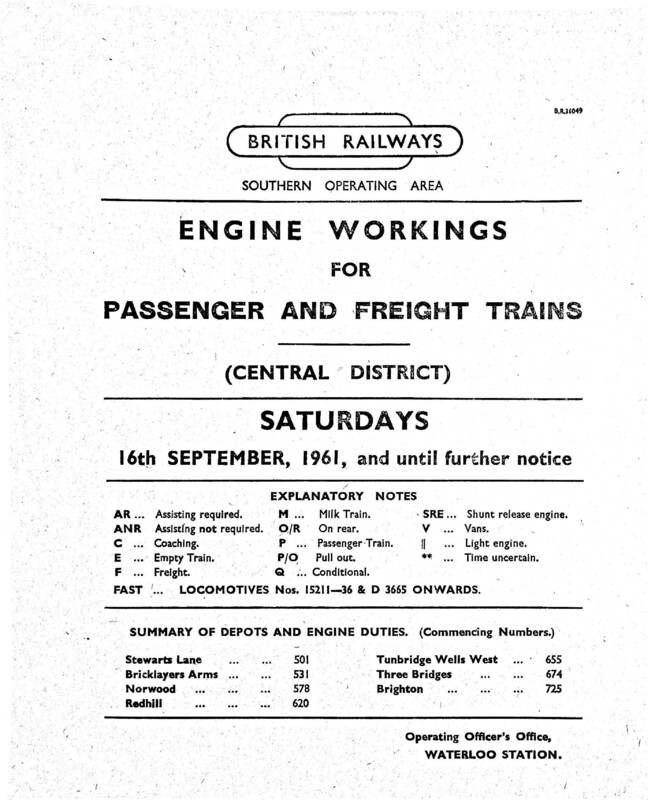 Southern Engine Workings, Central Division, Saturdays starting 16 September 1961. 88 pages. [EW02196109160]