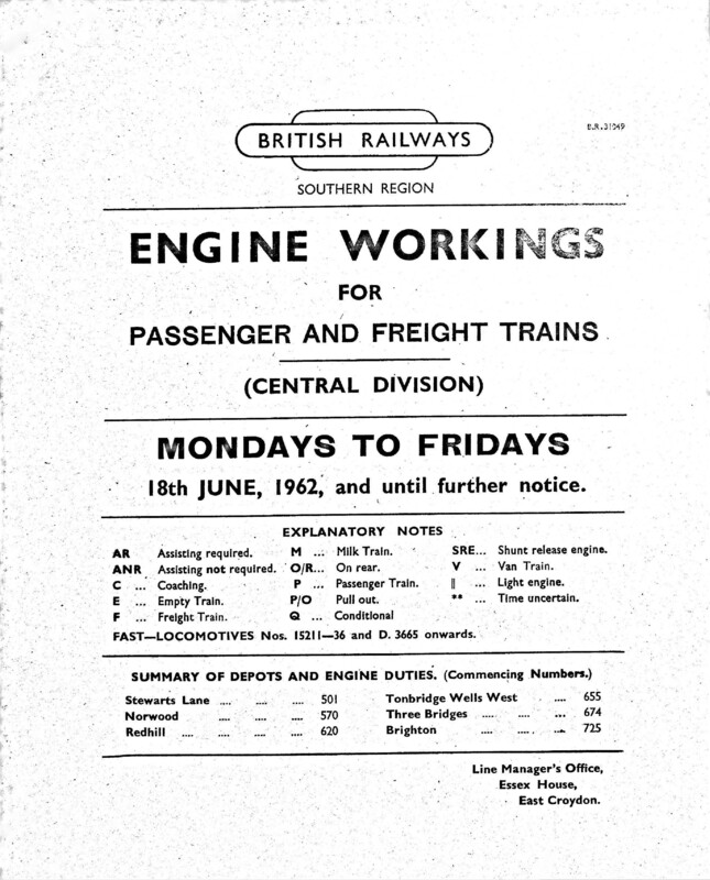 Southern Engine Workings, Central Division, Mondays to Fridays starting 18 June 1962. 128 pages. [EW02196206180]