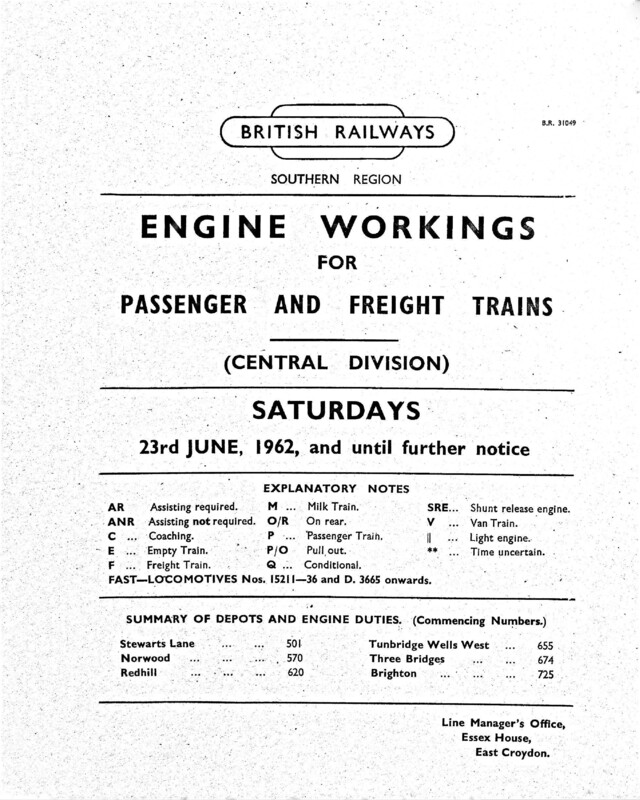Southern Engine Workings, Central Division, Saturdays starting 23 June 1962. 77 pages. [EW02196206230]
