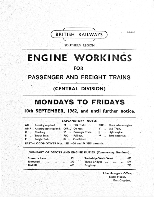 Southern Engine Workings, Central Division, Mondays to Fridays starting 10 September 1962. 119 pages. [EW02196209100]