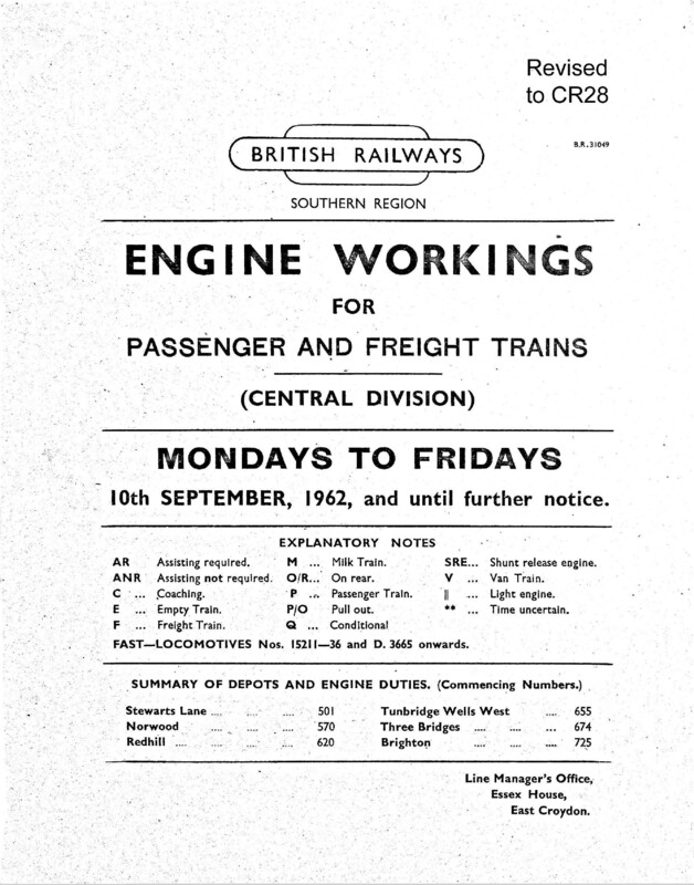 Southern Engine Workings, Central Division, Mondays to Fridays starting 10 September 1962. 140 pages. Notes: Revised to CR28. [EW02196209101]