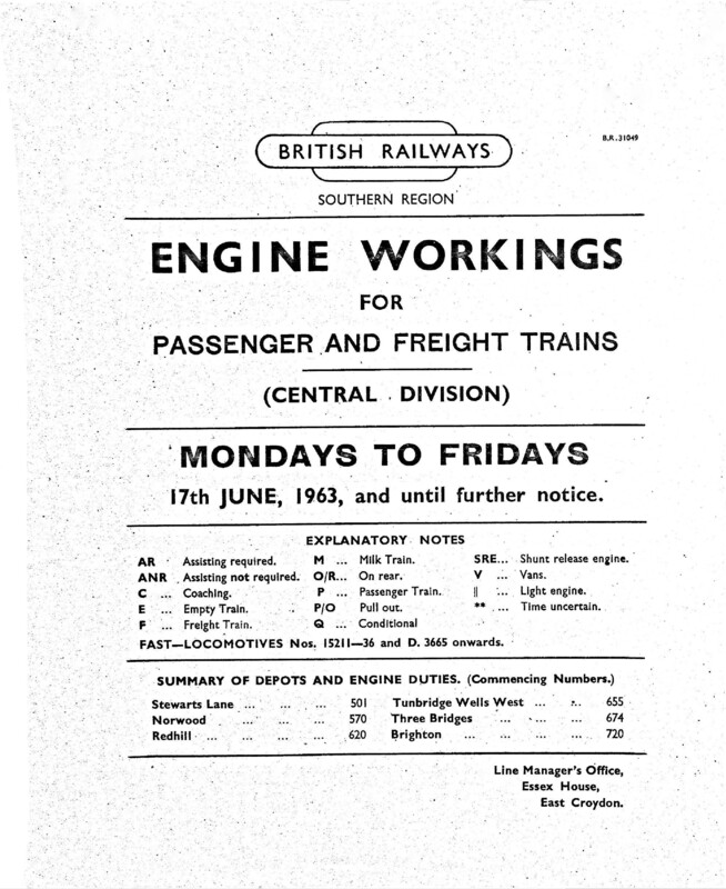 Southern Engine Workings, Central Division, Mondays to Fridays starting 17 June 1963. 104 pages. [EW02196306170]