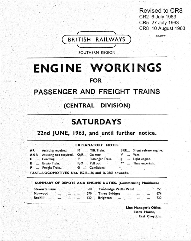 Southern Engine Workings, Central Division, Saturdays starting 22 June 1963. 71 pages. Notes: Revised to CR8. [EW02196306220]