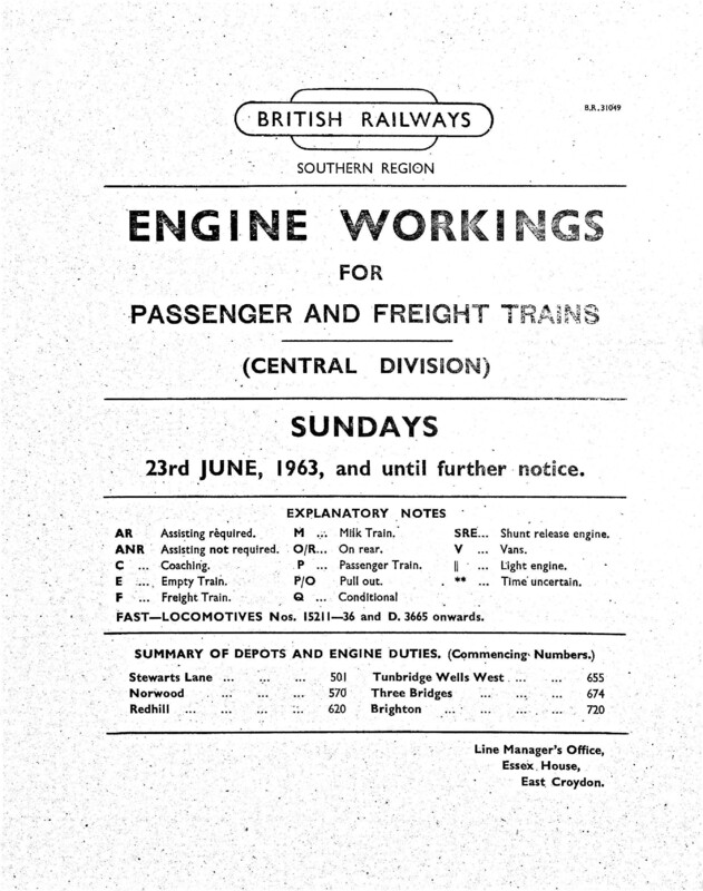 Southern Engine Workings, Central Division, Sundays starting 23 June 1963. 32 pages. [EW02196306230]