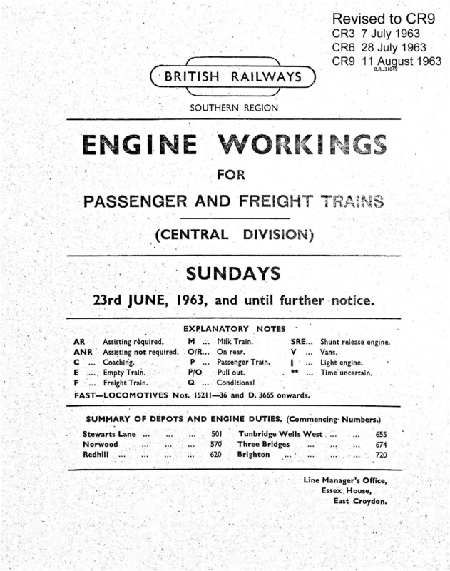 Southern Engine Workings, Central Division, Sundays starting 23 June 1963. 35 pages. Notes: Revised to CR9. [EW02196306231]