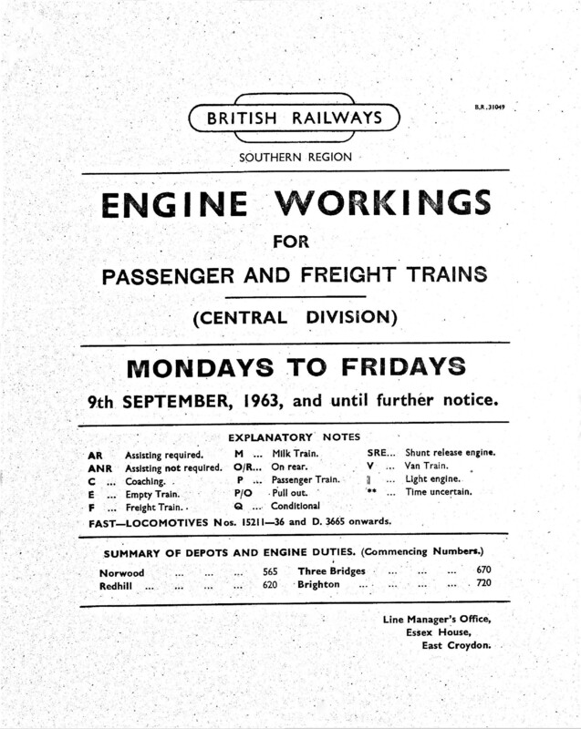 Southern Engine Workings, Central Division, Mondays to Fridays starting 09 September 1963. 109 pages. [EW02196309091]