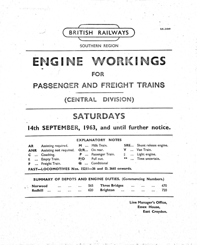 Southern Engine Workings, Central Division, Saturdays starting 14 September 1963. 57 pages. [EW02196309141]