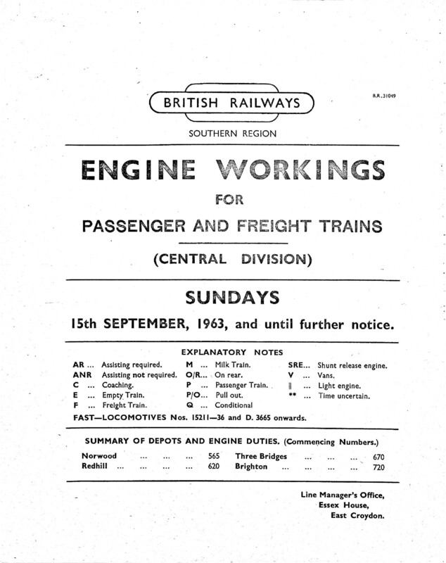 Southern Engine Workings, Central Division, Sundays starting 15 September 1963. 31 pages. [EW02196309150]