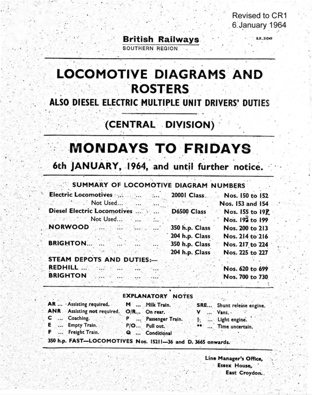 Southern Engine Workings, Central Division, Mondays to Fridays starting 06 January 1964. 107 pages. Notes: Revised to CR1. [EW02196401060]