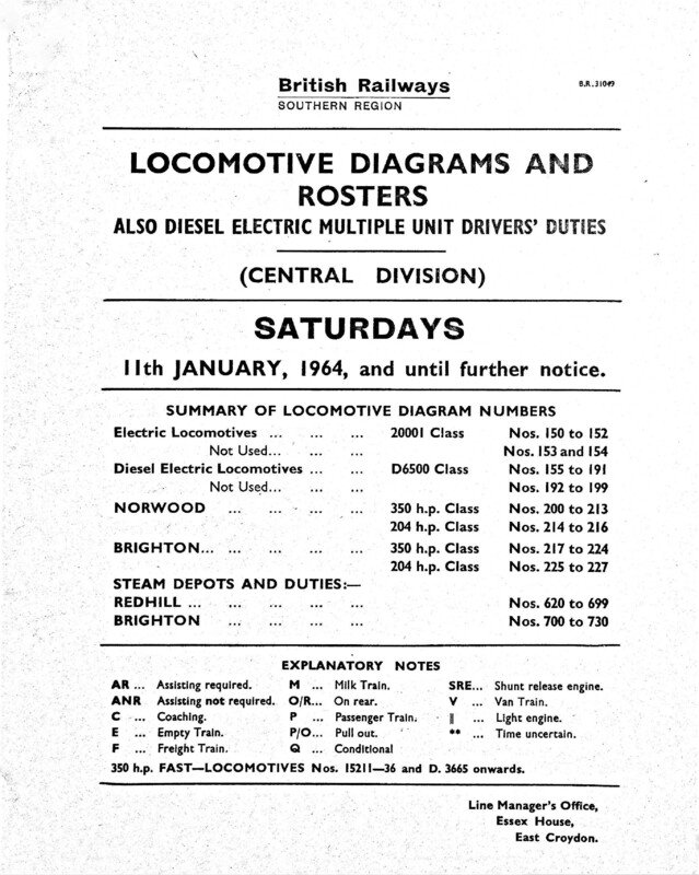 Southern Engine Workings, Central Division, Saturdays starting 11 January 1964. 68 pages. [EW02196401110]