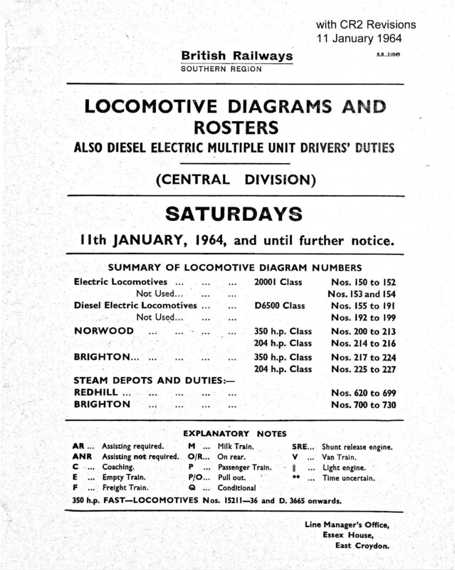 Southern Engine Workings, Central Division, Saturdays starting 11 January 1964. 79 pages. Notes: With CR2 Revisions. [EW02196401111]