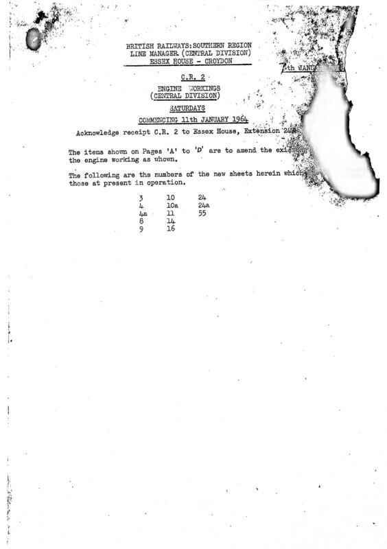 Southern Engine Workings, Central Division, Saturdays starting 11 January 1964. 11 pages. Notes: CR2 Revisions. [EW02196401112]