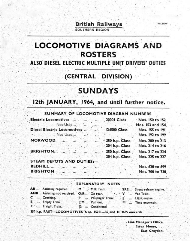 Southern Engine Workings, Central Division, Sundays starting 12 January 1964. 41 pages. [EW02196401120]