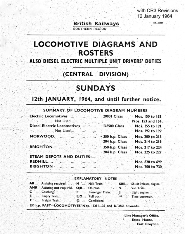 Southern Engine Workings, Central Division, Sundays starting 12 January 1964. 51 pages. Notes: With CR3 Revisions. [EW02196401121]