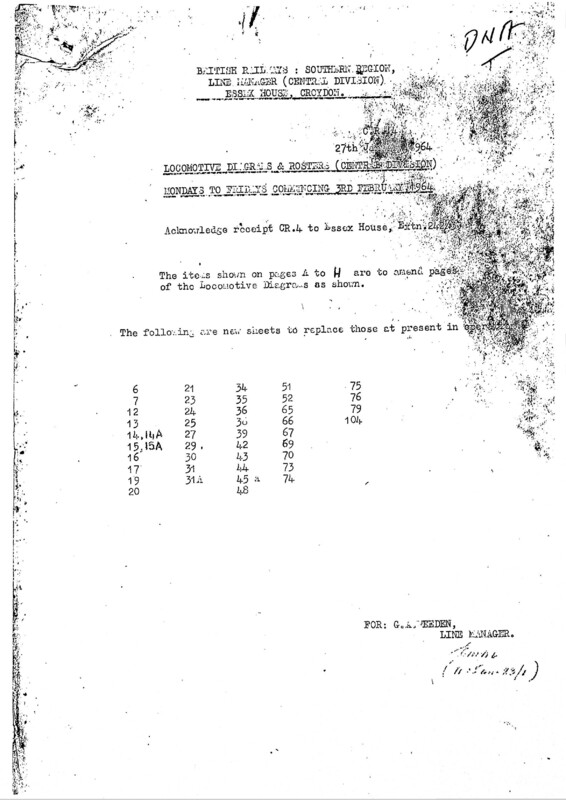 Southern Engine Workings, Central Division, Mondays to Fridays starting 03 February 1964. 34 pages. Notes: CR4 Revisions. [EW02196402030]