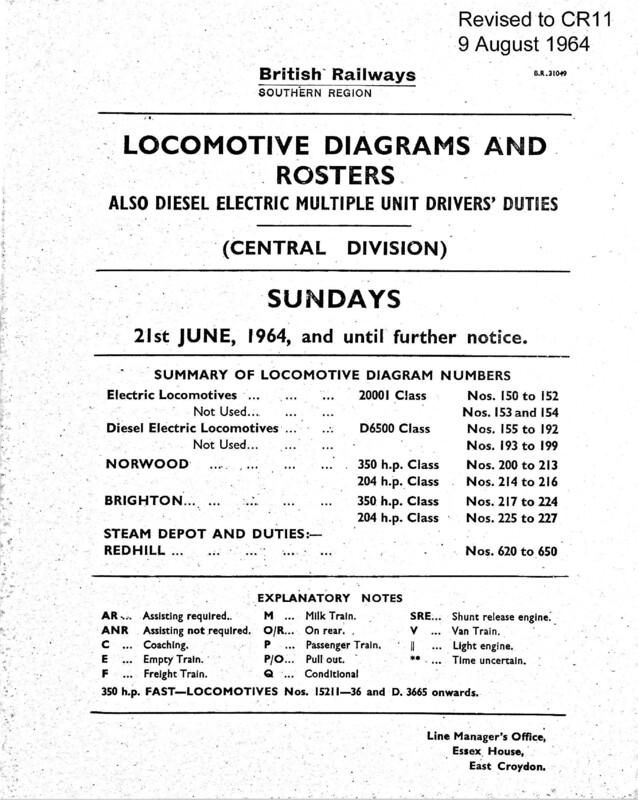 Southern Engine Workings, Central Division, Sundays starting 21 June 1964. 45 pages. Notes: Revised to CR11. [EW02196406210]