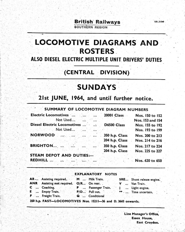 Southern Engine Workings, Central Division, Sundays starting 21 June 1964. 44 pages. [EW02196406211]