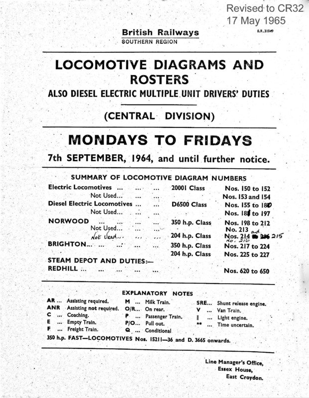 Southern Engine Workings, Central Division, Mondays to Fridays starting 07 September 1964. 114 pages. Notes: Revised to CR32. [EW02196409070]
