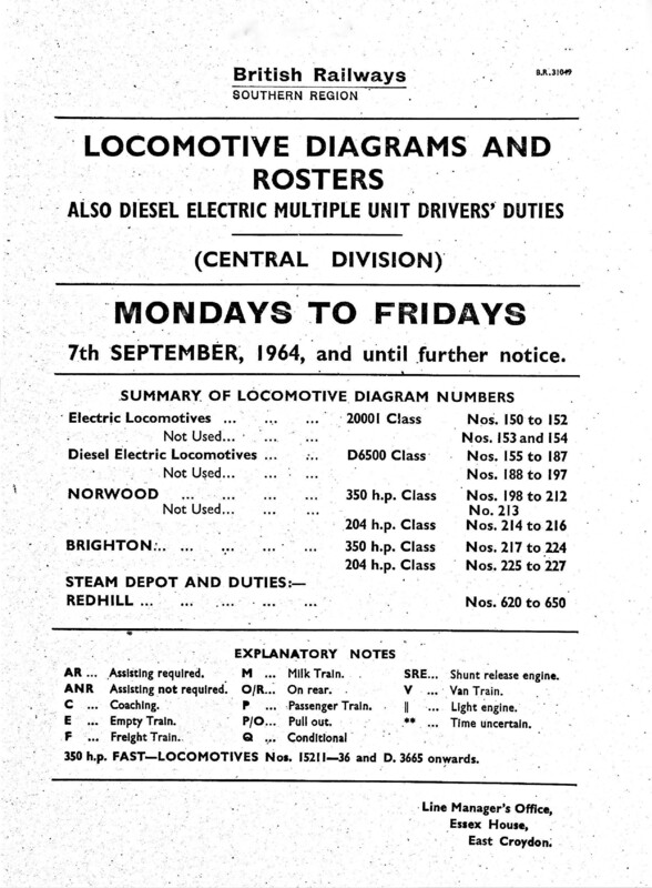 Southern Engine Workings, Central Division, Mondays to Fridays starting 07 September 1964. 105 pages. [EW02196409071]