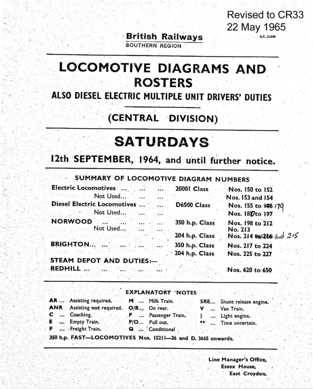Southern Engine Workings, Central Division, Saturdays starting 12 September 1964. 80 pages. Notes: Revised to CR33. [EW02196409120]